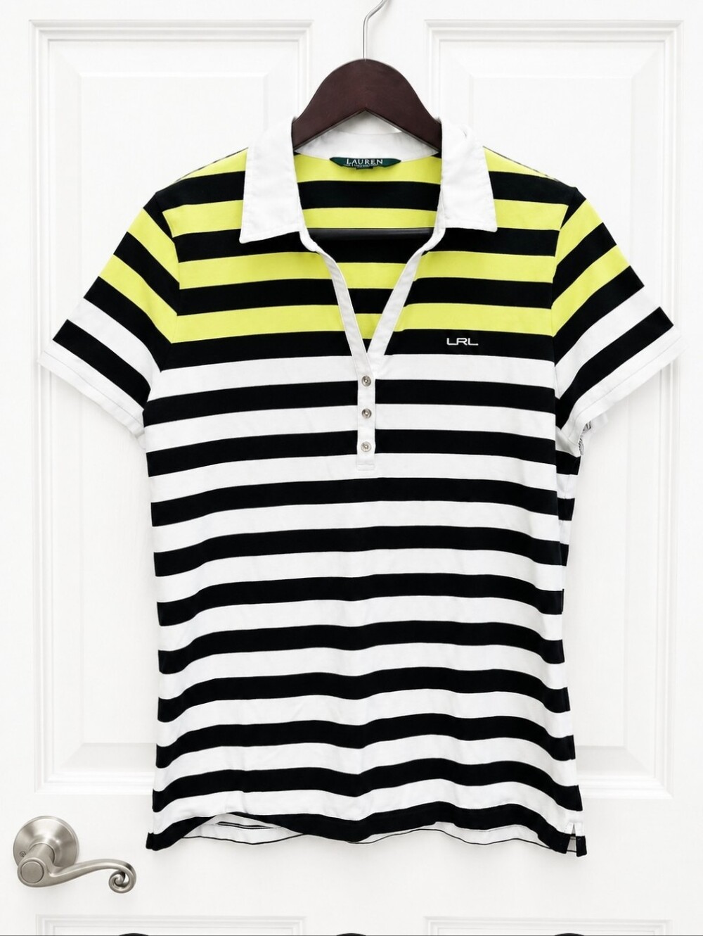 Lauren Ralph Lauren Black Yellow Striped Preppy Womens Polo Shirt Sz XL